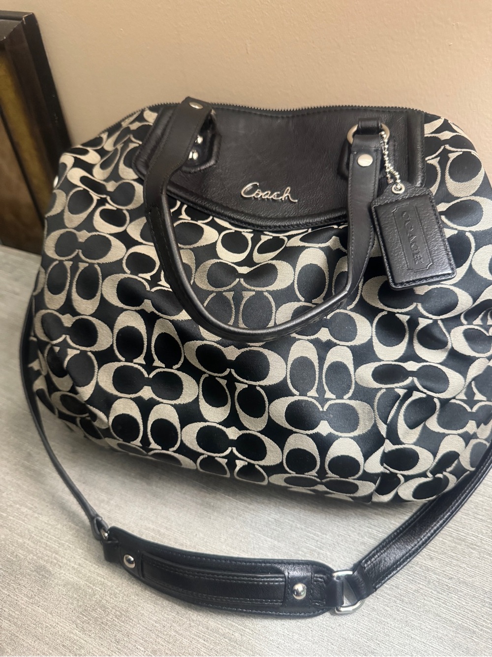 Coach Black and Cream Signature Satchel with Shoulder Strap